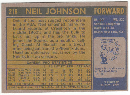 1971-72 Topps Basketball #216 Neil Johnson