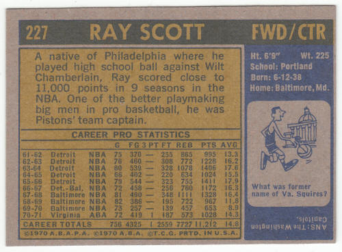 1971-72 Topps Basketball #227 Ray Scott back