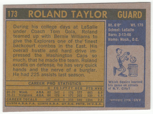 1971-72 Topps Basketball #173 Roland Taylor Rookie Card back