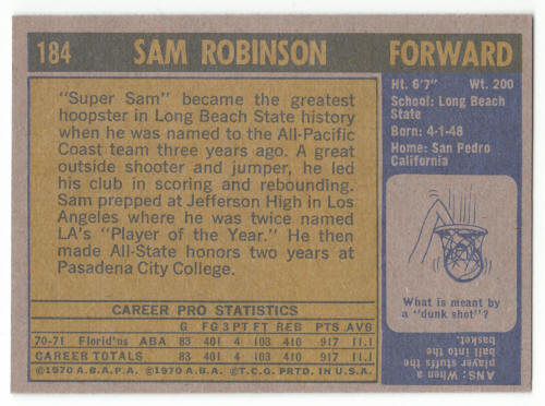 1971-72 Topps Basketball #184 Sam Robinson Card back