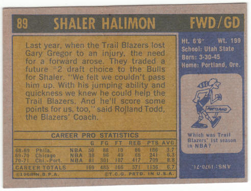 1971-72 Topps Basketball #89 Shaler Halimon