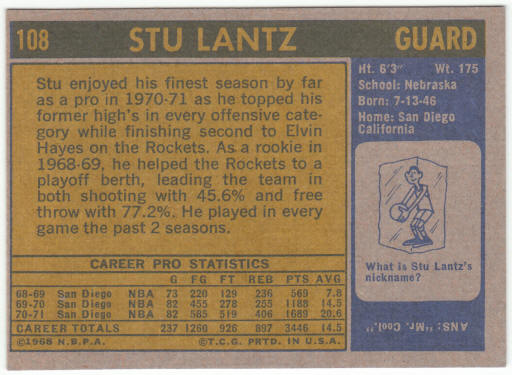 1971-72 Topps Basketball #108 Stu Lantz