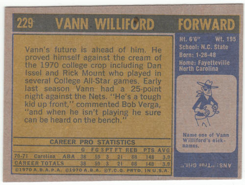 1971-72 Topps Basketball #229 Vann Williford
