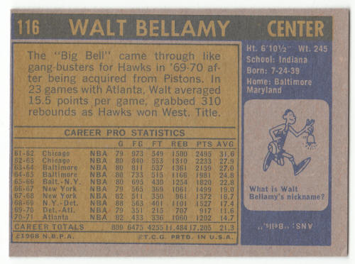 1971-72 Topps Basketball #116 Walt Bellamy back