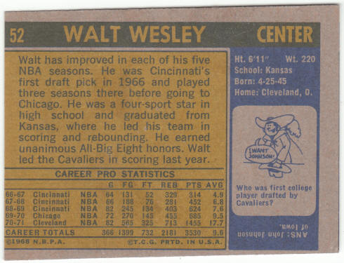 1971-72 Topps Basketnball #52 Walt Wesley