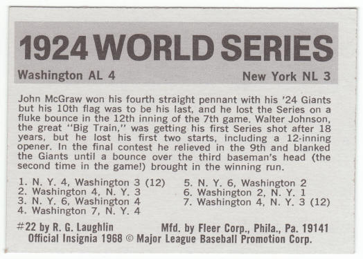 1971 Fleer 1924 World Series Card #22 Walter Johnson back