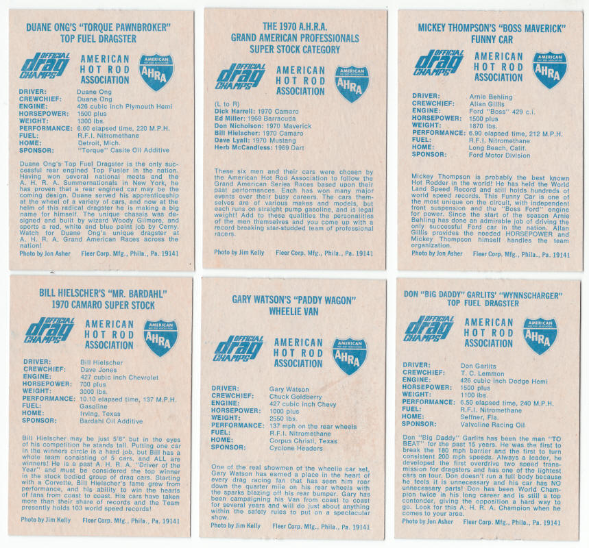 1971 Fleer Official Drag Champs Trading Cards