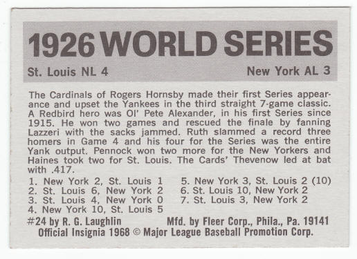 1971 Fleer 1926 World Series Card #24 Rogers Hornsby back