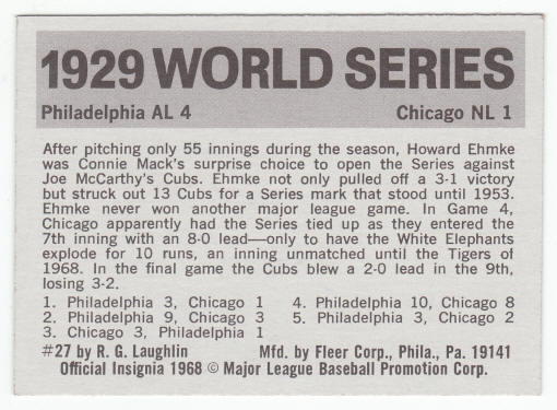 1971 Fleer 1929 World Series Card #27 Howard Ehmke back