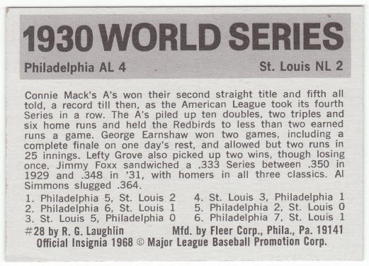 1971 Fleer 1930 World Series Card #28 Jimmy Foxx back