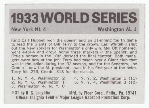 1971 Fleer 1933 World Series Card #31 Carl Hubbell back