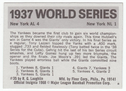 1971 Fleer 1937 World Series Card #35 Tony Lazzeri back
