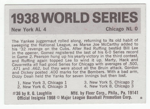 1971 Fleer 1938 World Series Card #36 Yankees Sweep Cubs back