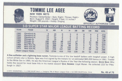 1971 Kelloggs 3D Tommie Agee #46A back