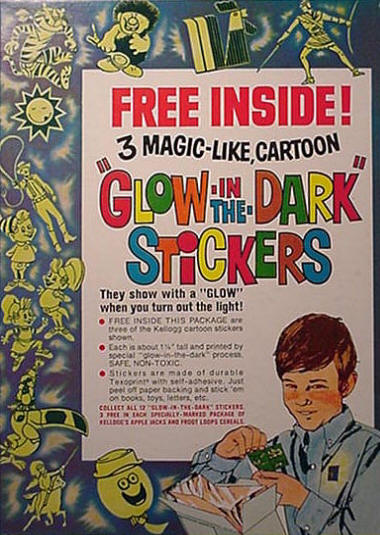 1971 Kelloggs Glow In The Dark Stickers Cereal Box Back Panel