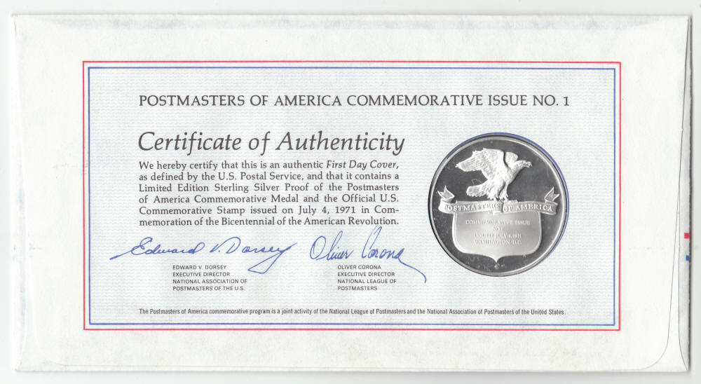 1971 Postmasters Of America Commemorative Issue No. 1 FDC back