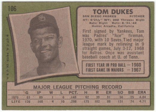 1971 Topps Baseball #106 Tom Dukes