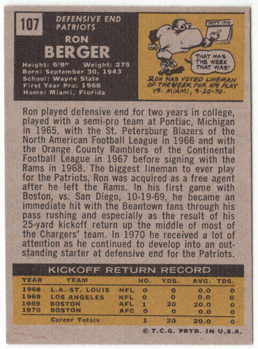 1971 Topps Football #107 Ron Berger Rookie Card