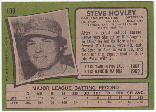 1971 Topps Baseball #109 Steve Hovley