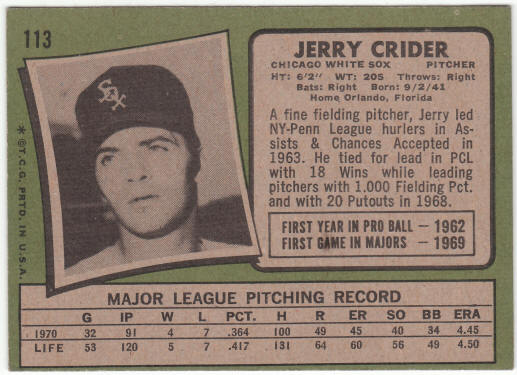 1971 Topps Baseball #113 Jerry Crider