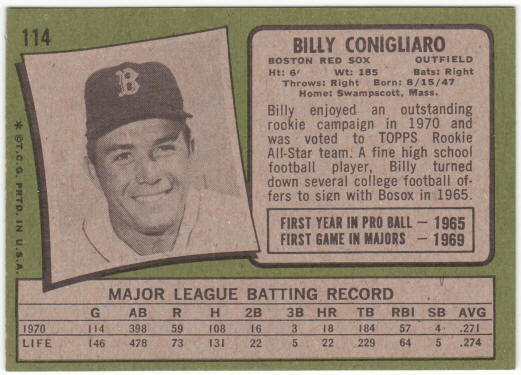 1971 Topps Baseball #114 Billy Conigliaro