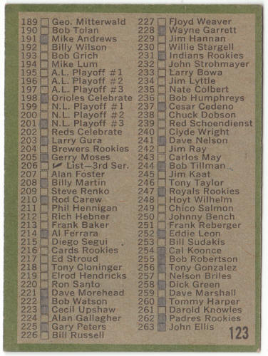 1971 Topps Baseball #123A 2nd Series Checklist