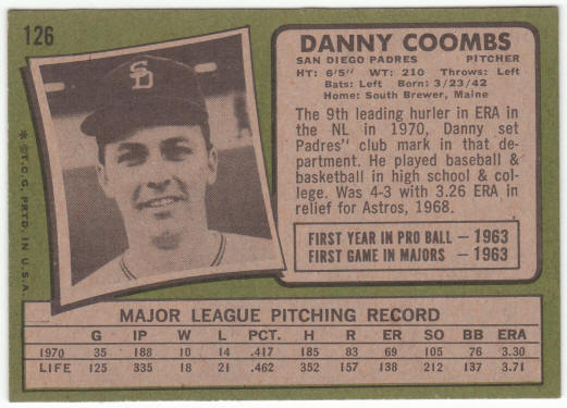 1971 Topps Baseball #126 Danny Coombs