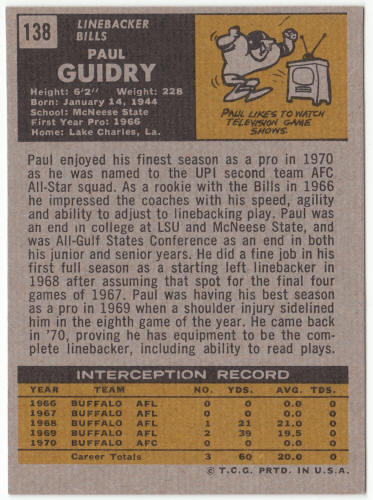 1971 Topps Football #138 Paul Guidry