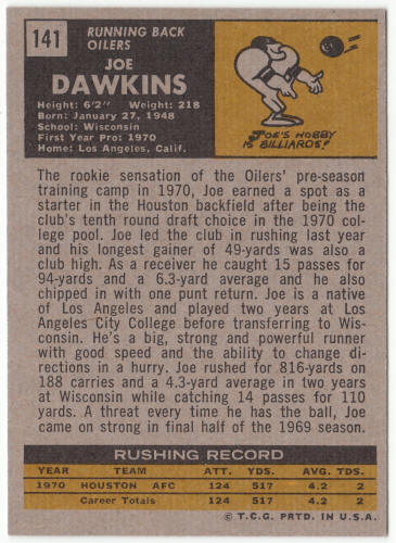 1971 Topps Football #141 Joe Dawkins Rookie Card