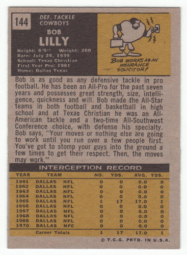 1971 Topps Bob Lilly #144 Ex/M back