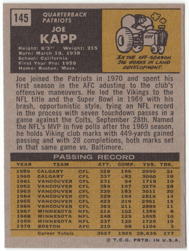 1971 Topps Football #145 Joe Kapp