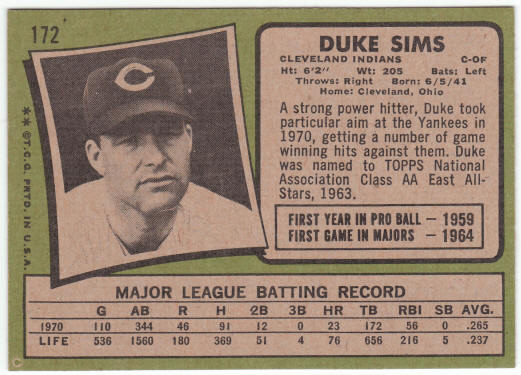 1971 Topps Baseball #172 Duke Sims