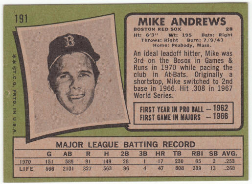 1971 Topps Baseball #191 Mike Andrews