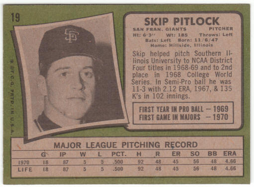 1971 Topps Baseball #19 Skip Pitlock Rookie Card