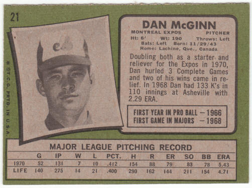 1971 Topps Baseball #21 Dan McGinn