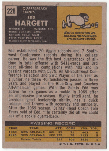 1971 Topps Football #226 Edd Hargett Rookie Card