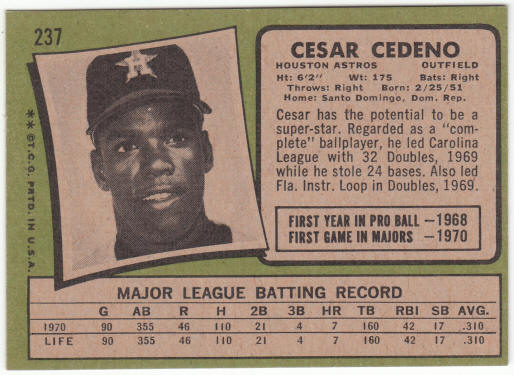 1971 Topps Baseball #237 Cesar Cedeno Rookie Card