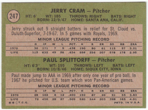 1971 Topps Baseball #247 Royals Rookies Jerry Cram Paul Splittorff