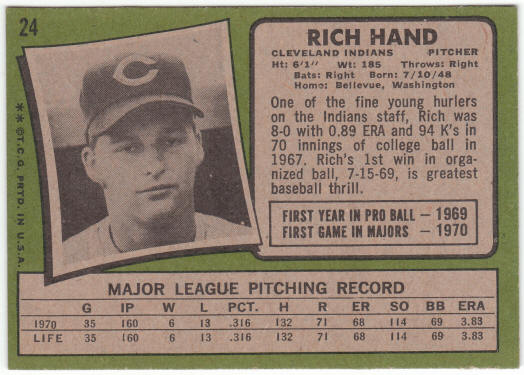 1971 Topps Baseball #24 Rich Hand Rookie card back