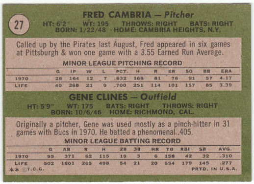 1971 Topps Baseball #27 Pirates Rookies Fred Cambria Gene Clines