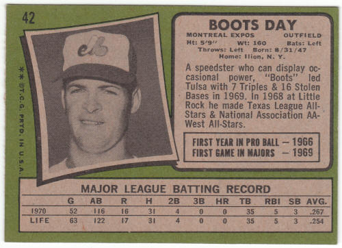 1971 Topps Baseball #42A Boots Day