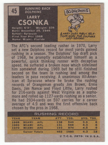 1971 Topps Football #45 Larry Csonka back