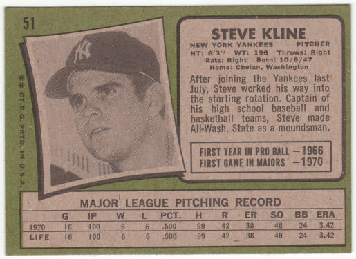 1971 Topps Baseball #51 Steve Kline Rookie Card