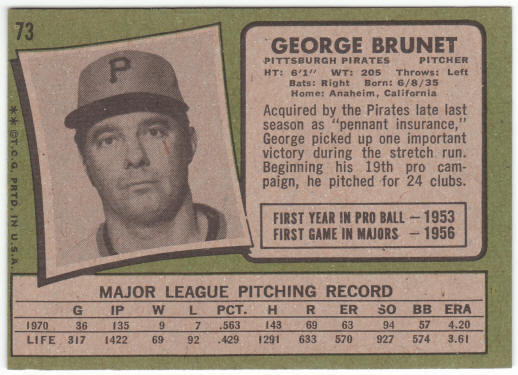 1971 Topps Baseball #73 George Brunet back