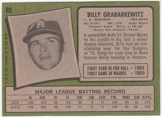 1971 Topps Baseball #85 Billy Grabarkewitz