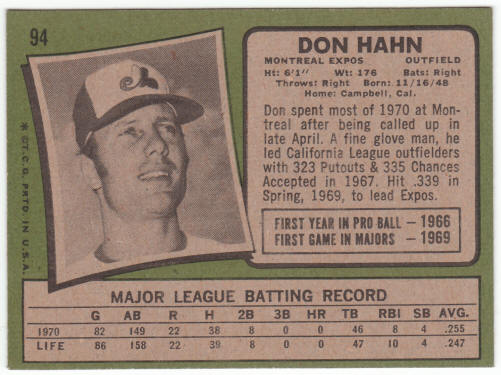 1971 Topps Baseball #94 Don Hahn Rookie Card