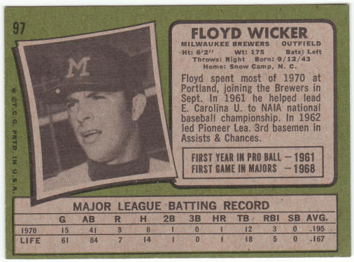 1971 Topps Baseball #97 Floyd Wicker