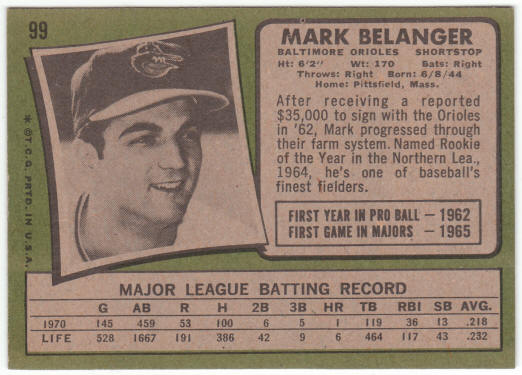 1971 Topps Baseball #99 Mark Belanger