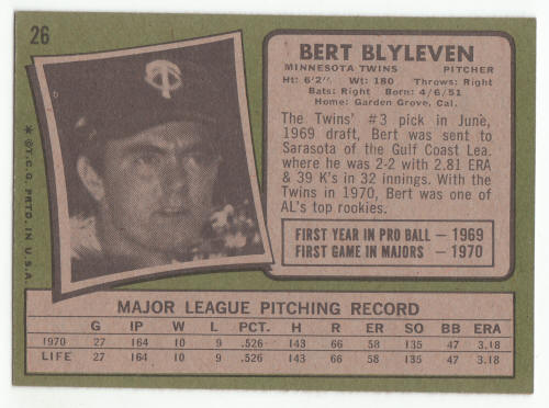 1971 Topps #26 Bert Blyleven rookie card back