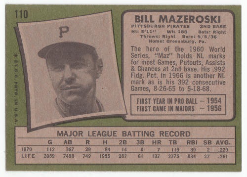 1971 Topps Bill Mazeroski #110 back
